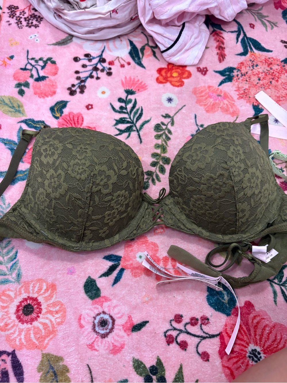Victoria's Secret Olive Green Lace Push-Up Bra with Adjustable Ties